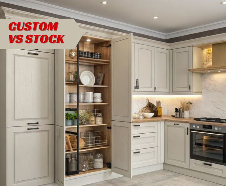 Custom cabinets versus stock cabinets in a modern kitchen.